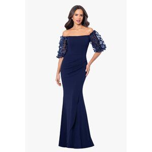 XSCAPE maxi dress melanie 3D floral sleeve off the shoulder ruched navy blue 18W